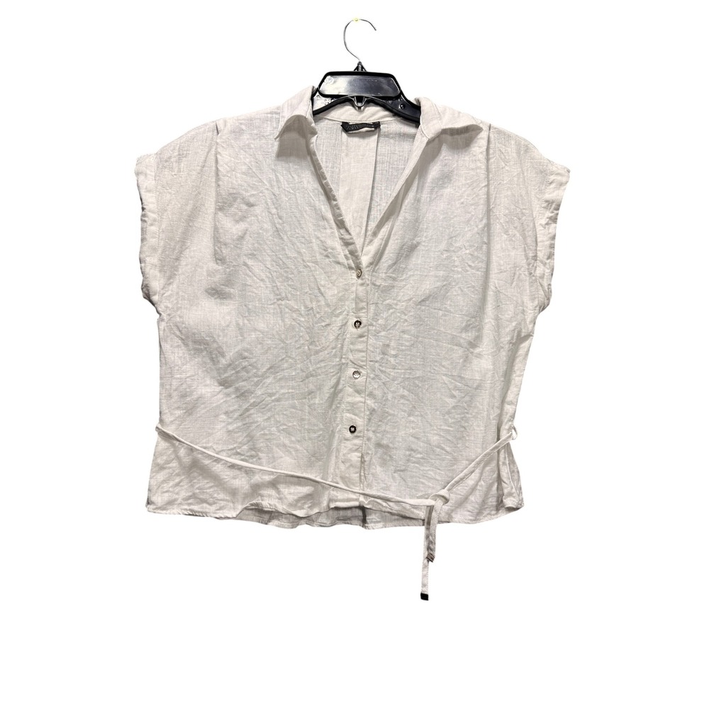 ZARA Blouse Women XS White Linen Blend Button Up Short Sleeve Tie Waist